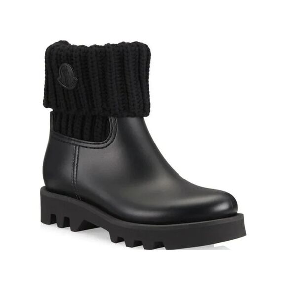 MONCLER Womens Black Logo Waterproof Ginette Round Toe Wedge Rain Boots 35 - Picture 1 of 5
